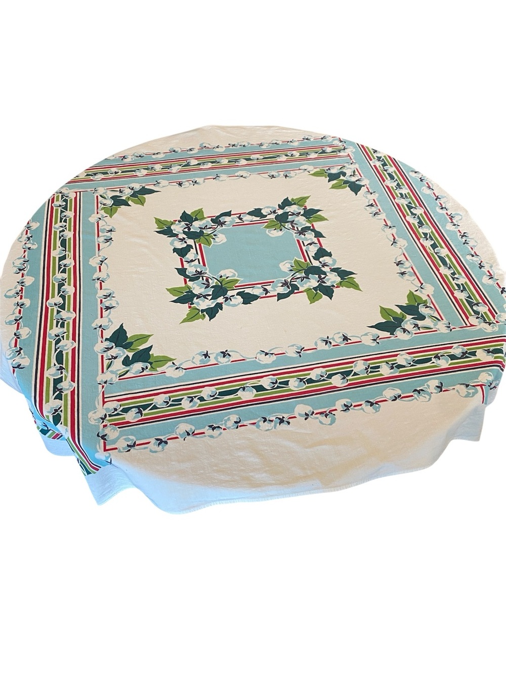 VINTAGE 1940s/50s Cotton Tablecloth - Blue Floral Border approx 47x52 - Picture 6 of 8